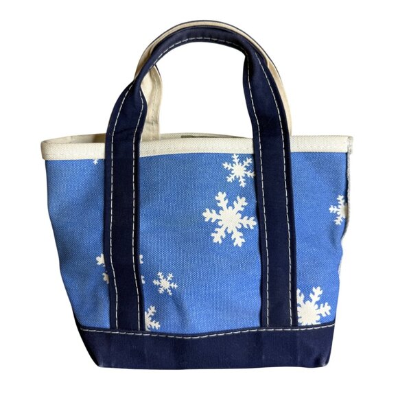 Vintage LL Bean Boat and Tote Mini Bag Blue Canvas Snowflake Print Double Handle - Picture 1 of 9